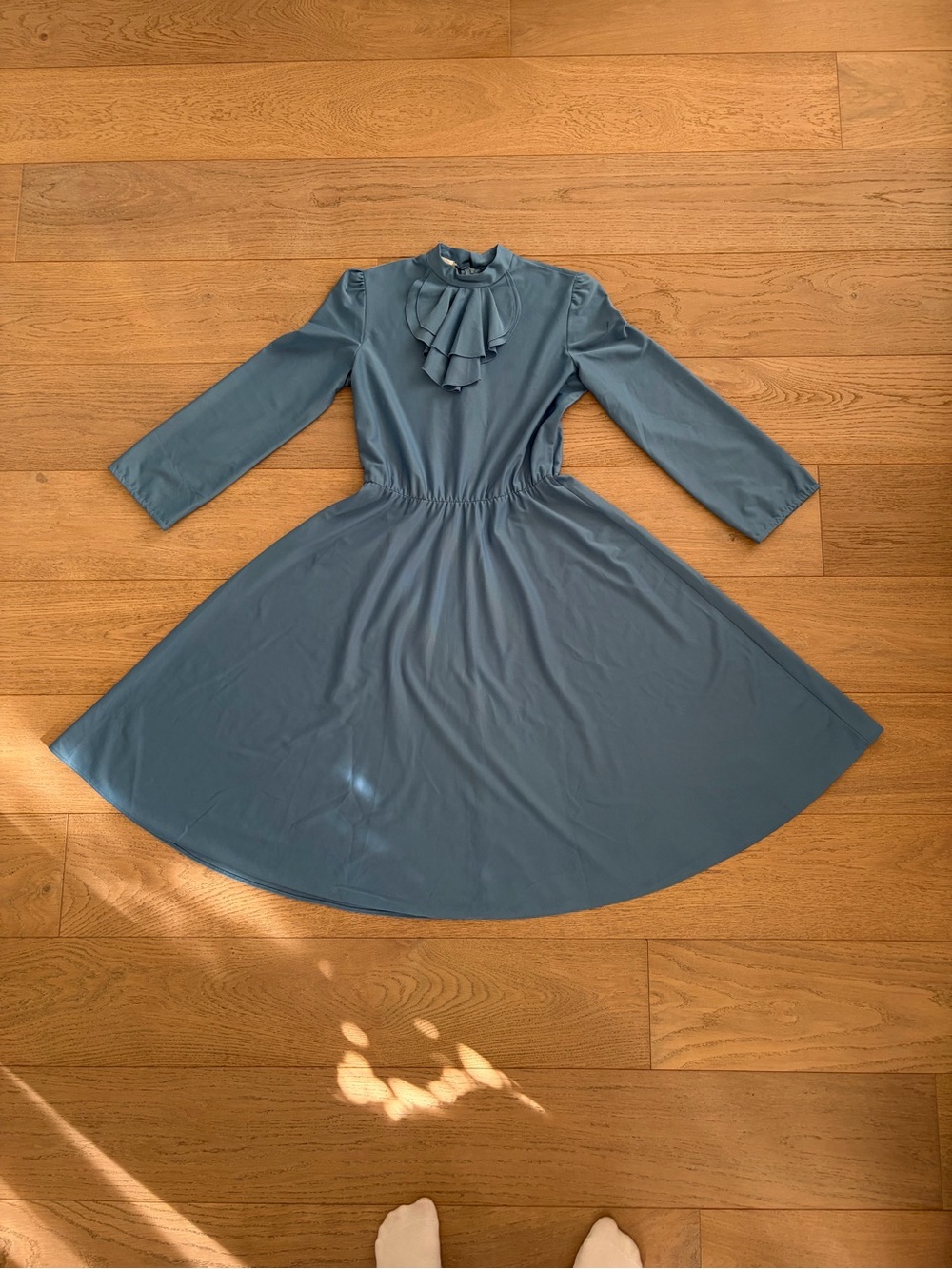 Vintage Dusty Blue Long-Sleeve Ruffle-Neck Fit-and-Flare Dress - Picture 2 of 7